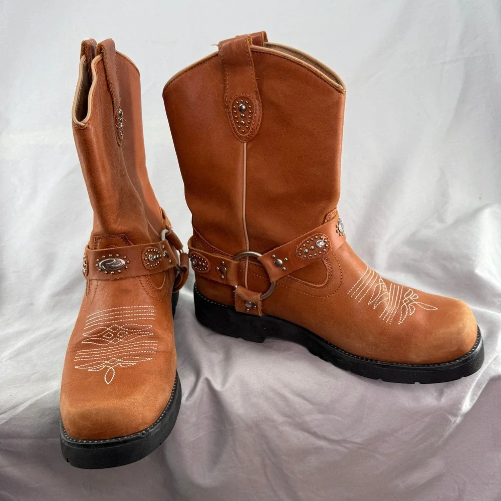 Roper 9.5 Brown Leather Western Harness Chunk Boots Studded Lug Sole Womens